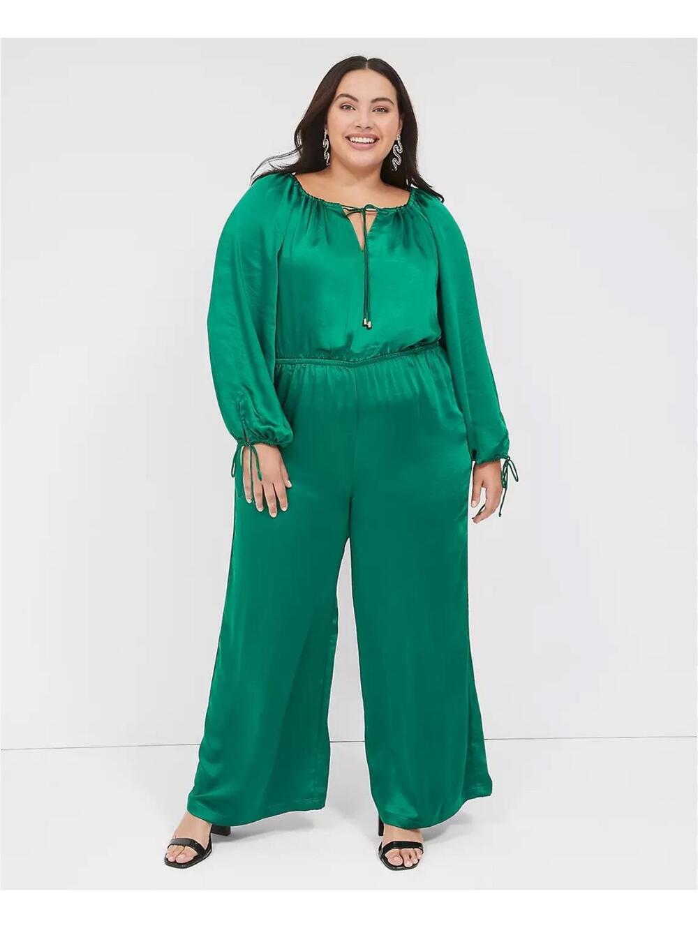 NWT Lane Bryant Satin Jumpsuit Sz 20 Green Long Sleeves Elastic Waist Wide Leg